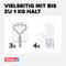 'Vielseitig mit bis zu 1 kg Halt'. Gezeigt sind drei Haken und vier Klebestreifen. Marke: Tesa.