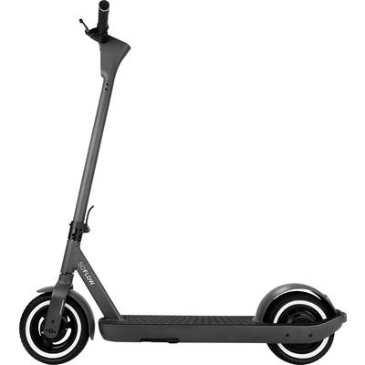 Ein schwarzer E-Scooter mit einem schlanken Rahmen und großen Reifen steht seitlich auf weißem Hintergrund.