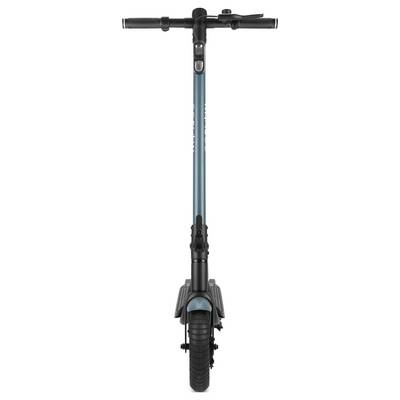 Elektroroller in Frontalansicht, blau-schwarz, mit LED-Anzeige am Lenker.