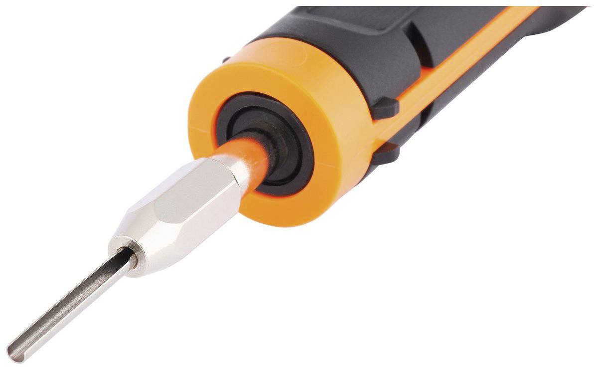 Ein orange-schwarzer Schraubendreher mit ergonomischem Griff und abnehmbarem Bit, geeignet für präzise Arbeiten und Heimwerkprojekte.