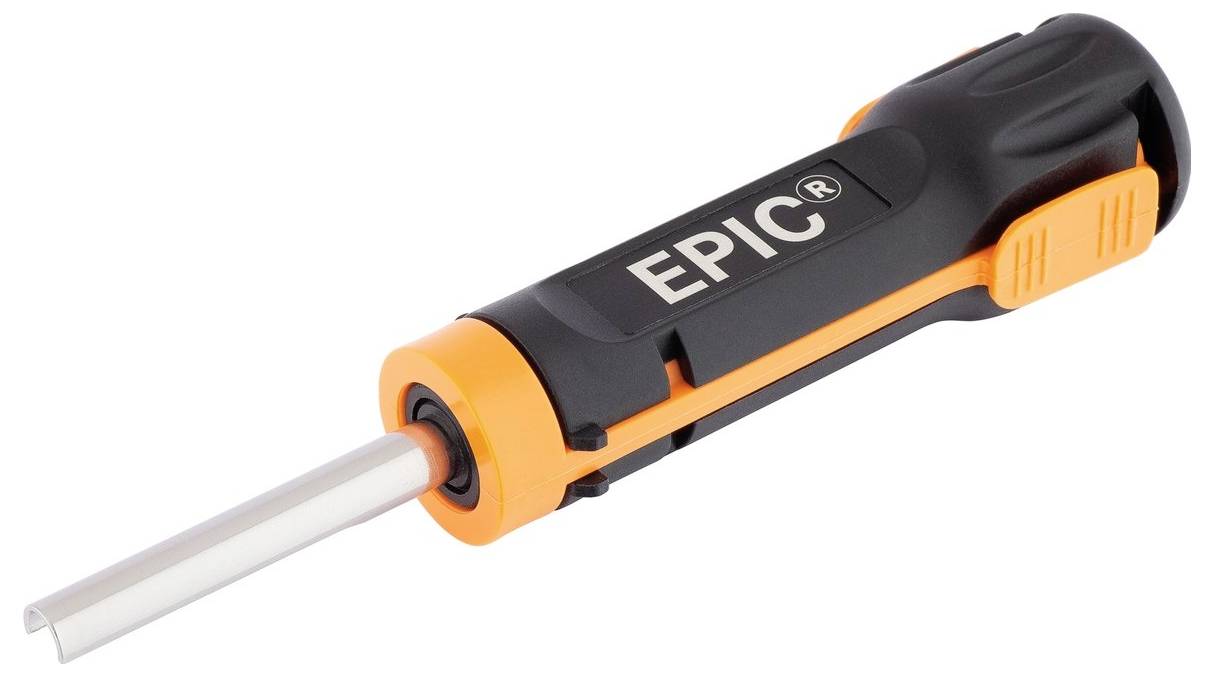 Ein Handschraubenzieher mit dem Wort 'EPIC' aufgedruckt, hat einen ergonomischen Griff in Schwarz und Orange.
