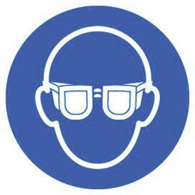 'Piktogramm eines Gesichts mit Schutzbrille, weiß auf blauem Hintergrund. Hinweis auf Sicherheitsanforderung in Arbeitsbereichen.'