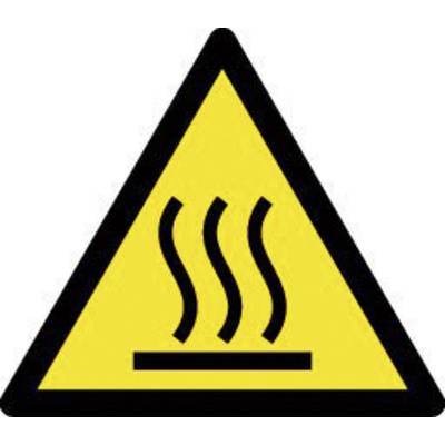 Ein gelbes Warnschild mit einem Dreieck und schwarzen Piktogramm zeigt drei Wellenlinien, die Hitze oder heiße Oberfläche bedeuten.
