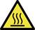 Ein gelbes Warnschild mit einem Dreieck und schwarzen Piktogramm zeigt drei Wellenlinien, die Hitze oder heiße Oberfläche bedeuten.