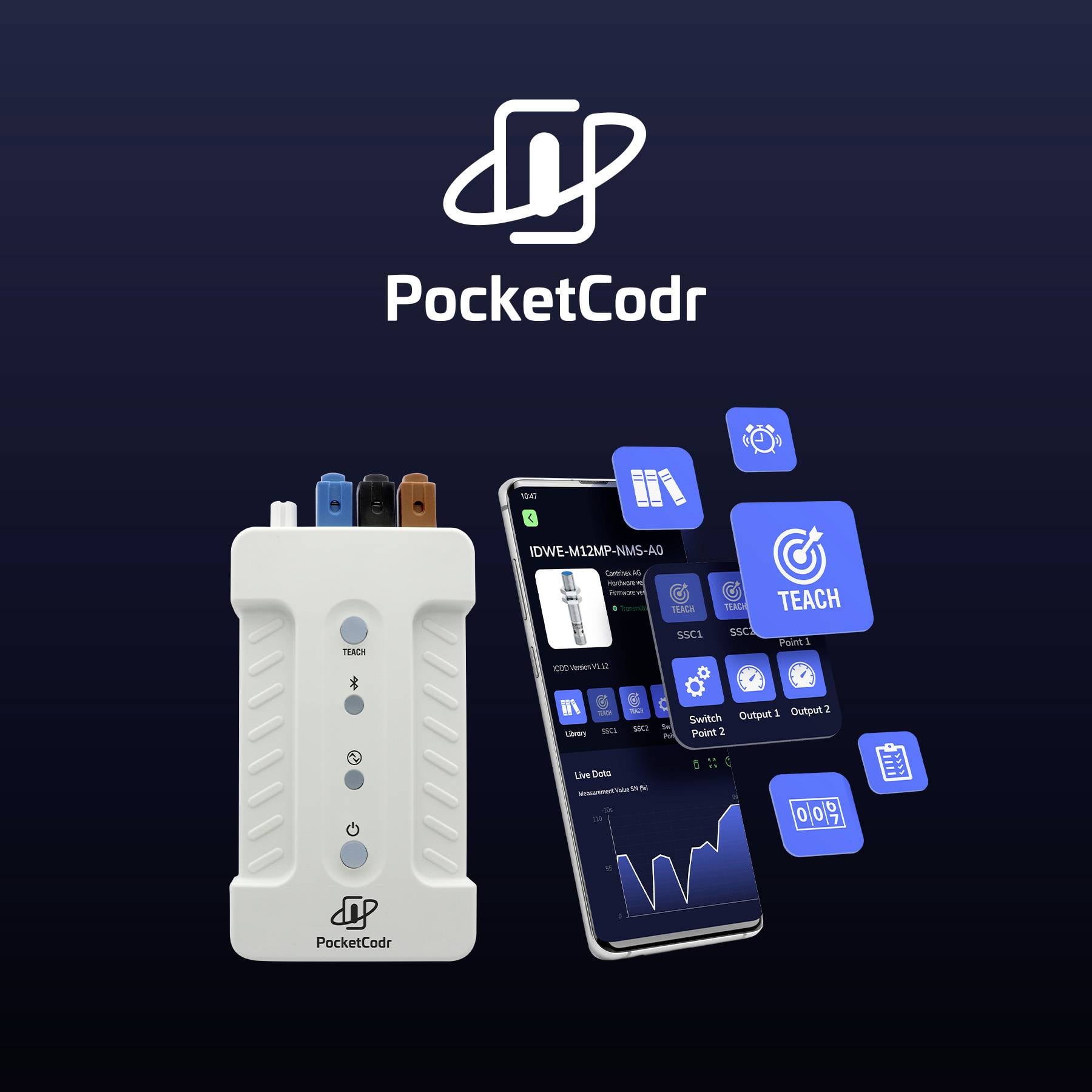 'Taschencomputer-Paket: Tragbares Gerät mit verschiedenen Anschlüssen neben einem Smartphone mit Programmierungs-App und Symbolen.'