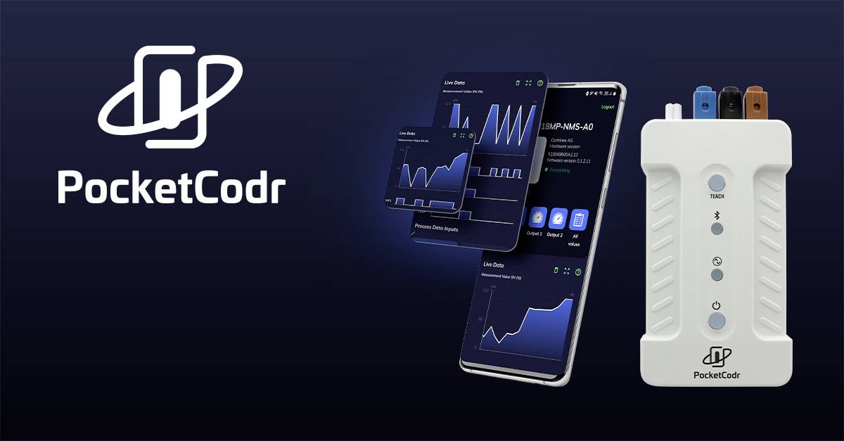 Das Bild zeigt ein Gerät namens 'PocketCodr' mit einem Smartphone daneben. Auf dem Smartphone sind Diagramme und Grafiken zu sehen.