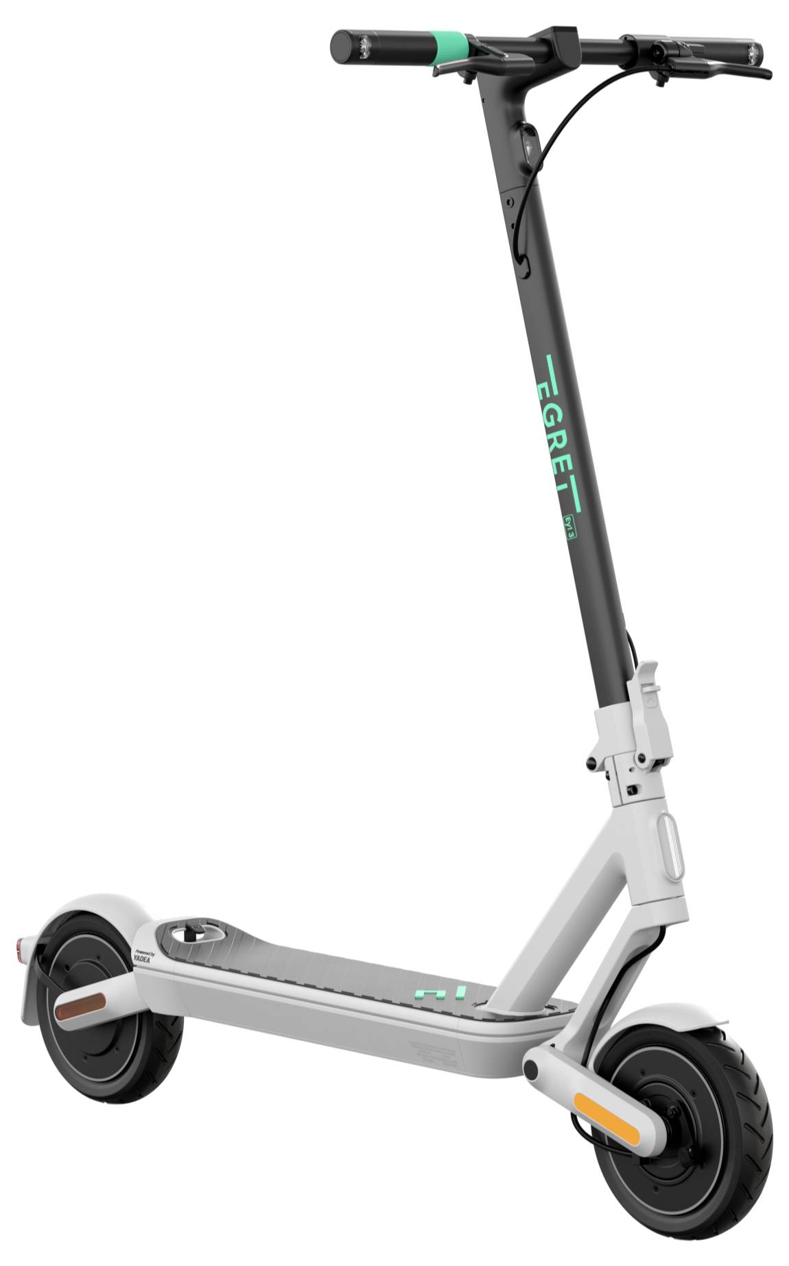 Ein elektrischer Tretroller mit grauem Rahmen und schwarzem Lenker steht aufrecht. Der Roller hat zwei Räder mit Schutzblechen.