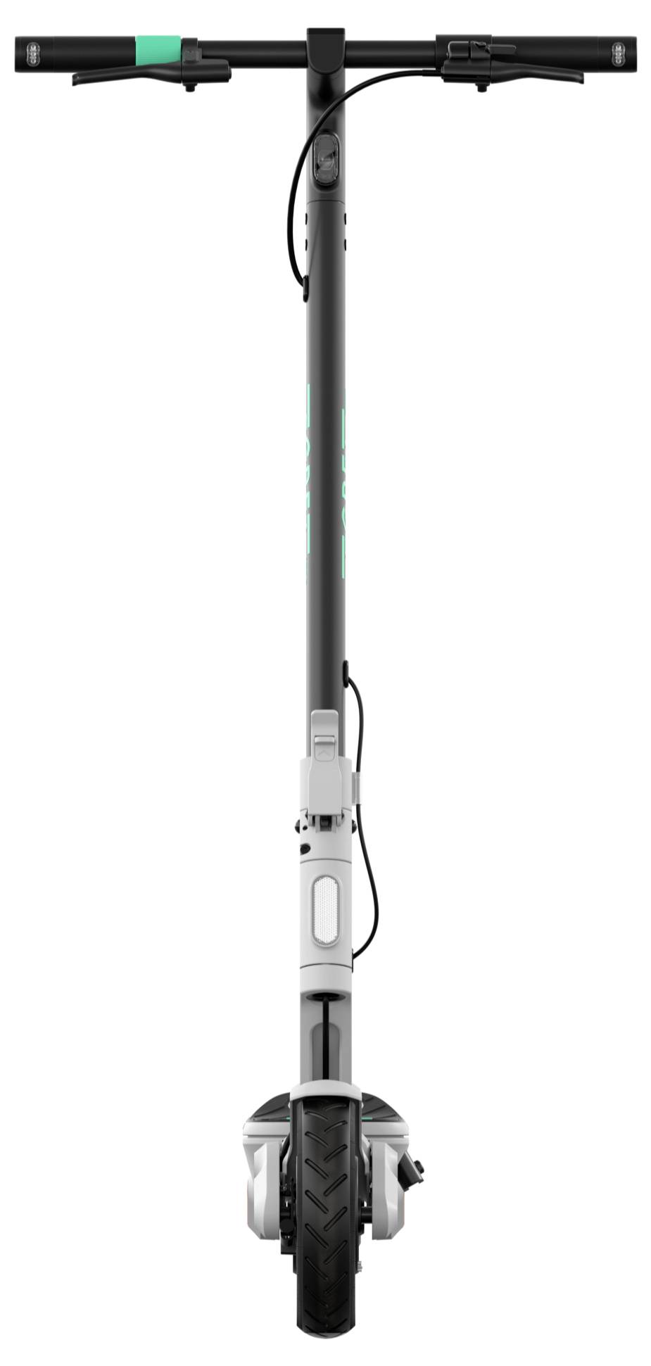 Ein Elektroroller mit schwarzem Lenker und grauem Rahmen, von vorne gesehen; Fokus auf minimalistisches Design und vertikale Ausrichtung.