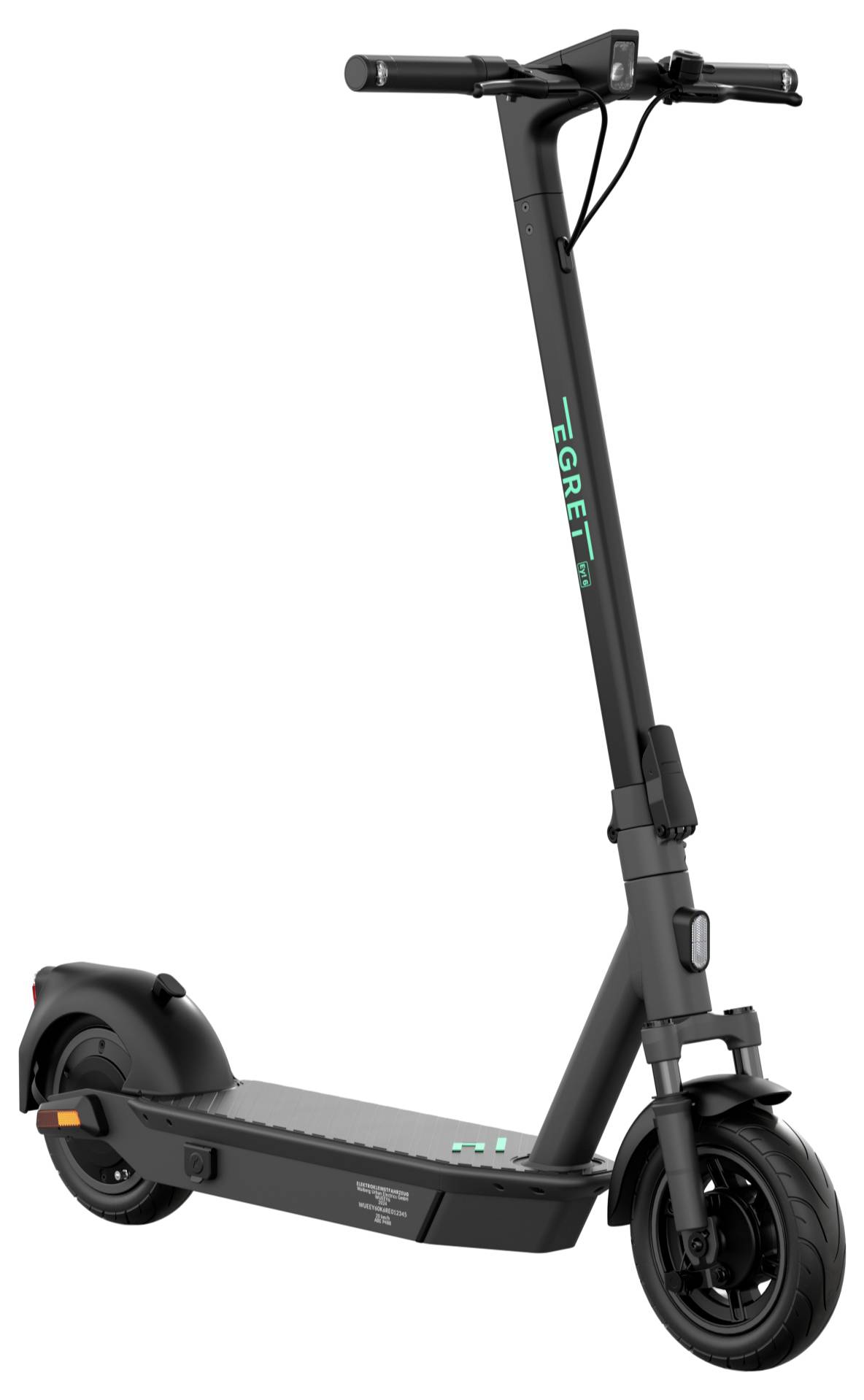 Schwarzer E-Scooter mit langem Lenker und grünem Logo. Steht auf glattem Untergrund.