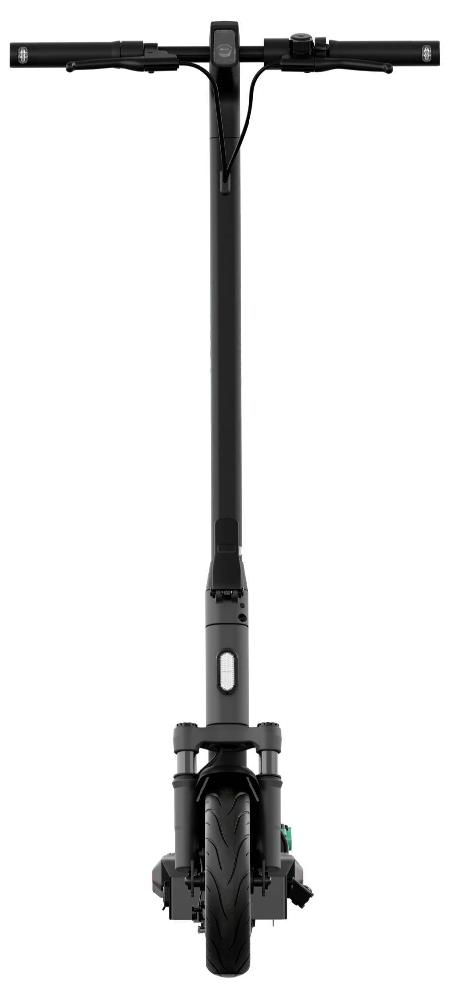 Ein schwarzer Elektroroller, frontal dargestellt, mit schmalem Lenker und großem Vorderrad auf weißem Hintergrund.