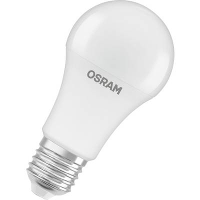 Eine weiße LED-Glühbirne mit dem Aufdruck 'OSRAM' auf der Oberfläche. Sie hat einen standardmäßigen Schraubsockel.