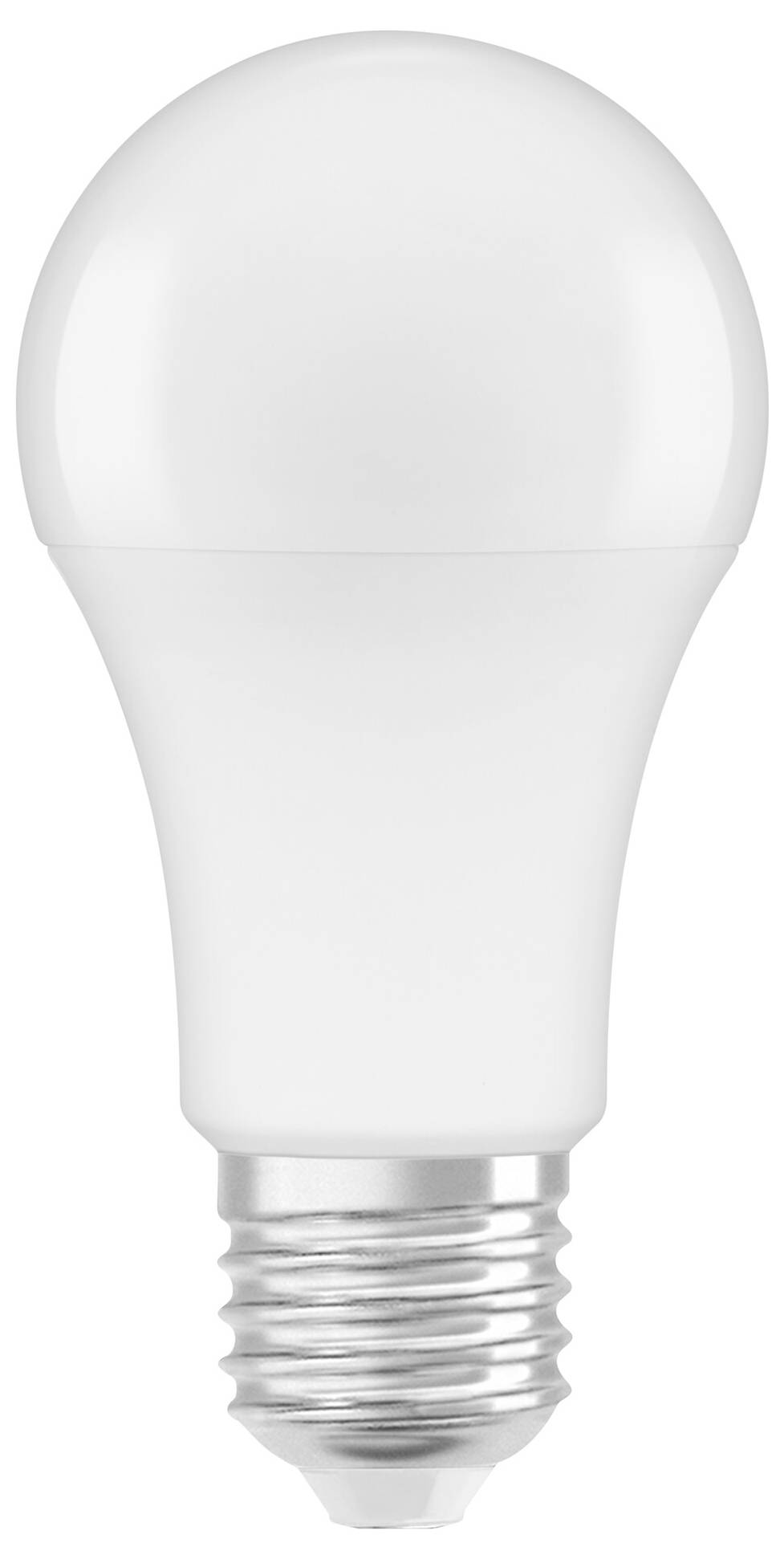 Eine weiße LED-Glühbirne mit silbernem Sockel, geeignet für energiesparende Beleuchtung in Wohnräumen.