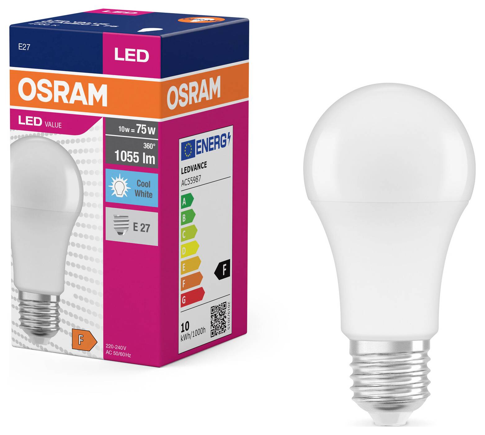 Eine LED-Glühbirne von Osram mit E27-Sockel, 10W Leistung und 1055 Lumen Helligkeit, neben der passenden Verpackung. Energieeffizienzklasse F.