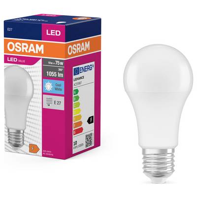 Eine LED-Glühbirne von Osram mit E27-Sockel, 10W Leistung und 1055 Lumen Helligkeit, neben der passenden Verpackung. Energieeffizienzklasse F.