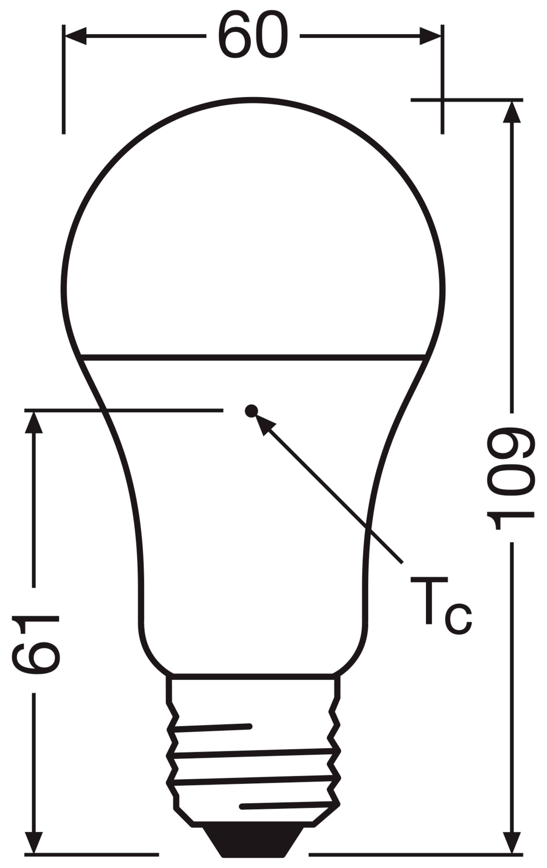 Skizze einer Glühbirne mit Maßen: Höhe 109 mm, Breite 60 mm, Sockeldurchmesser 61 mm. Zeigt 'Tc'-Punkt auf der Birne.