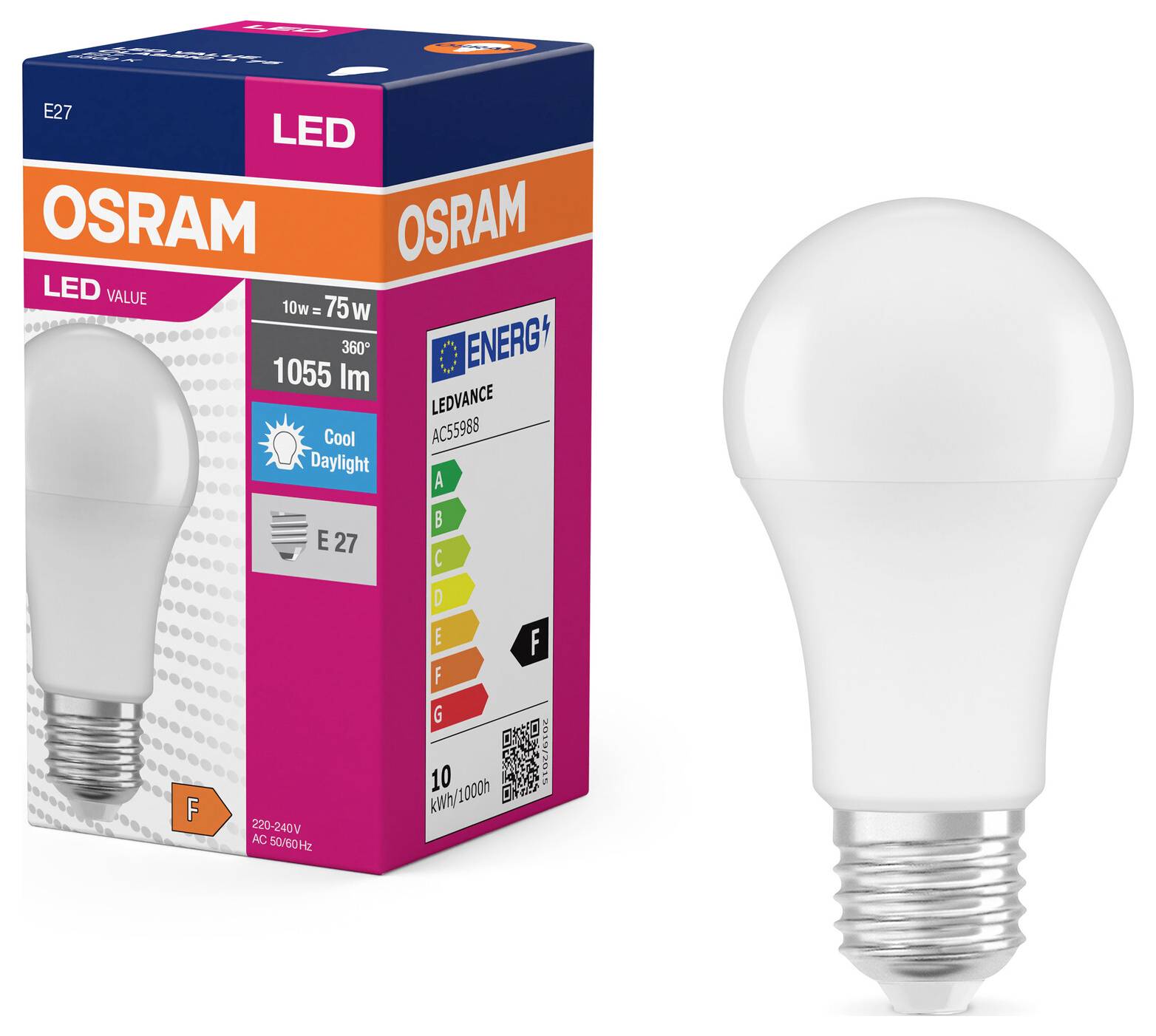 Eine Osram LED-Glühbirne mit E27-Sockel neben ihrer Verpackung. Die Birne bietet 1055 Lumen, 10W, und ist in der Energieklasse F.