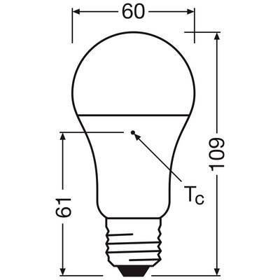Strichzeichnung einer Glühbirne mit den Abmessungen: Breite 60 mm, Höhe 109 mm. Dotterpunkt bezeichnet die Höhe 'tc' bei 69 mm.