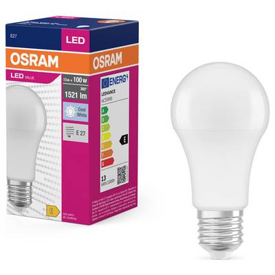 Eine Osram LED-Glühbirne mit Verpackung. Angaben: 13 W ersetzt 100 W, 1521 lm, E27-Fassung, Energieklasse E, 'Cool White'.