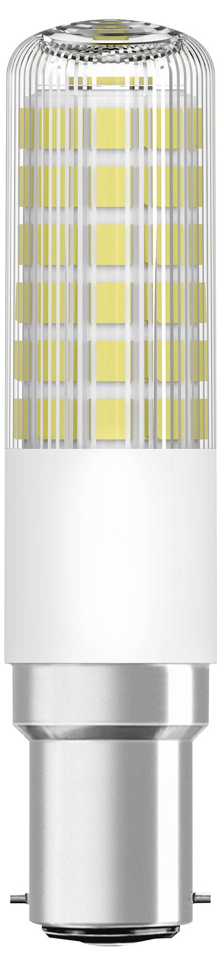 Energiesparende LED-Leuchte mit vertikalen, gelben Lichtpaneelen und silbernem Sockel.