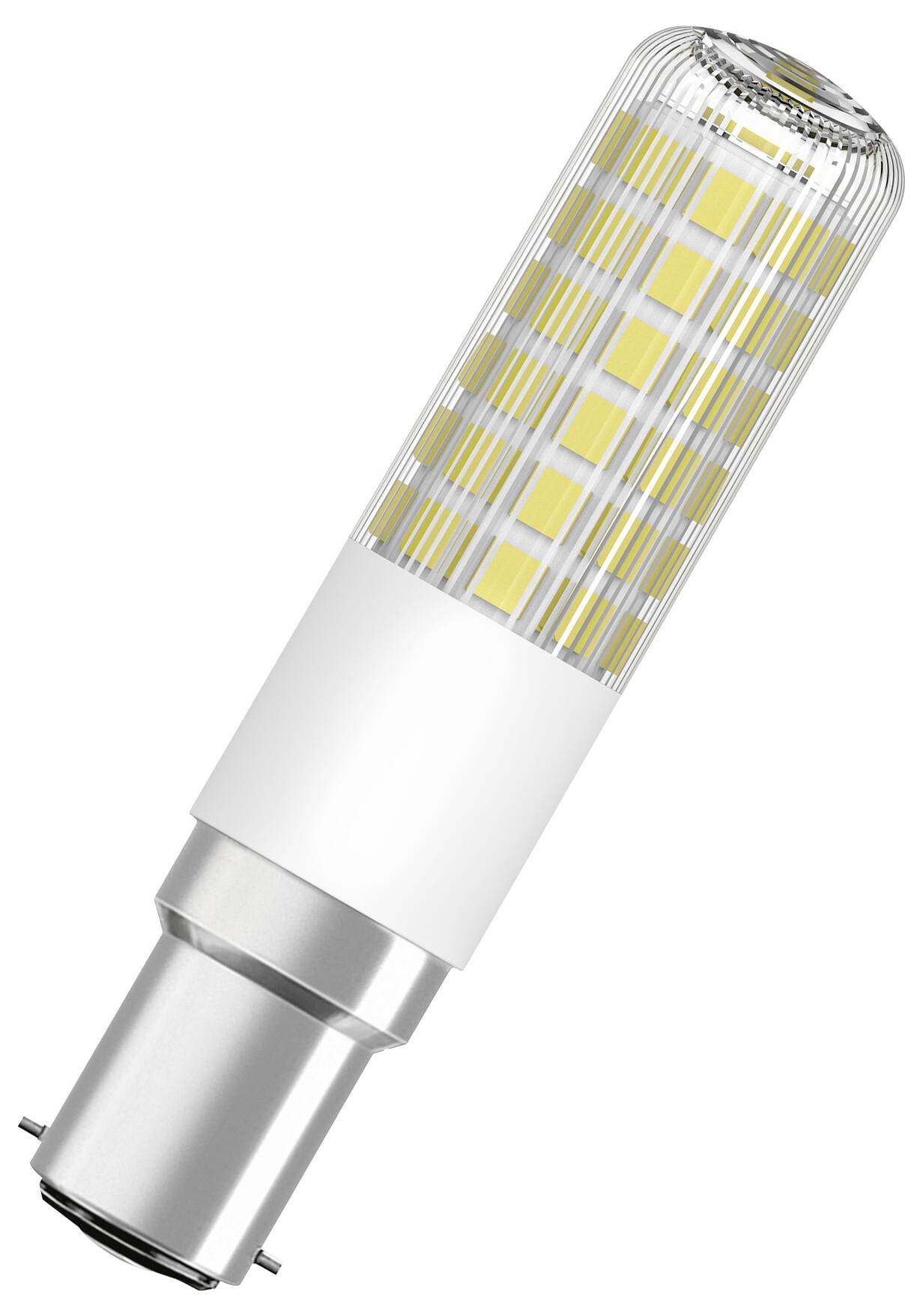 Eine LED-Glühbirne mit zylindrischem, transparentem Gehäuse, zeigt mehrere Leuchtdioden, passend für einen Bajonett-Sockel.