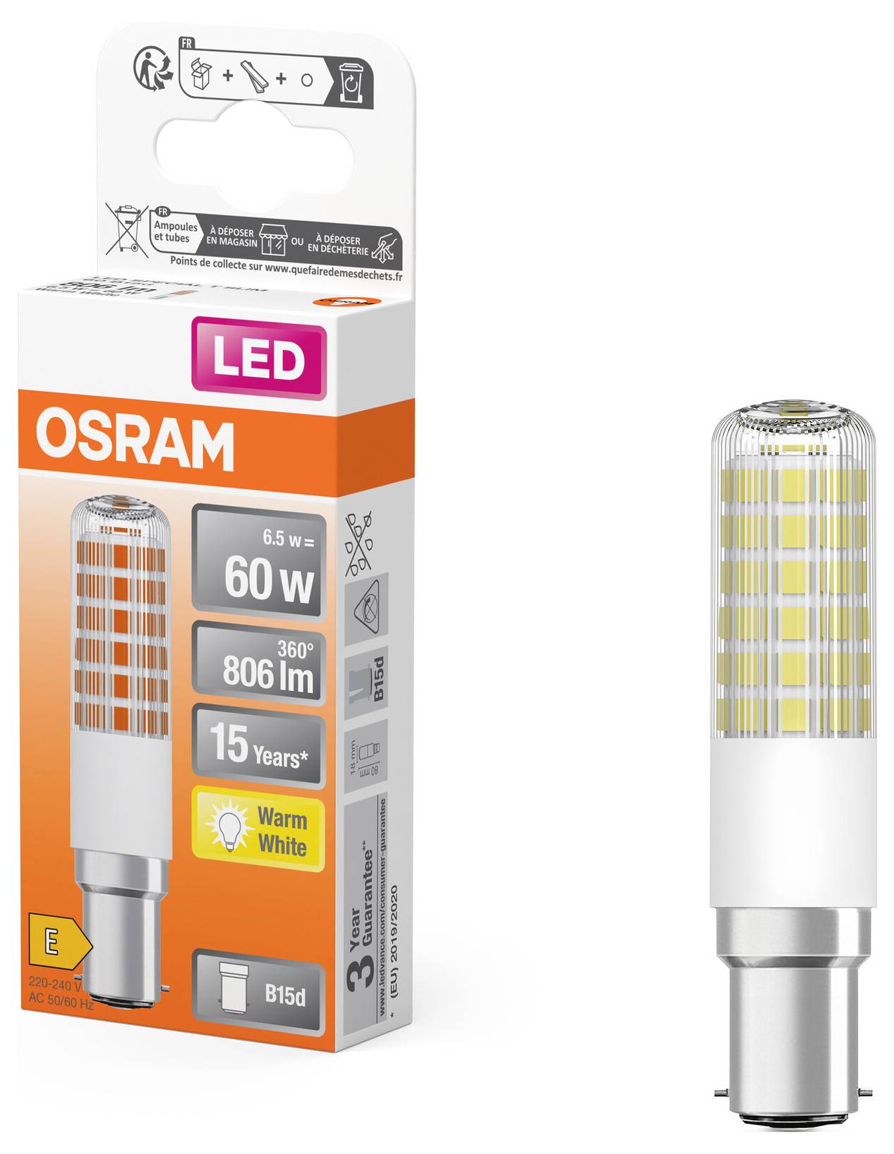 Verpackung einer Osram LED-Glühbirne mit 6,5 W Leistung, ersetzt 60 W, 806 Lumen, 360° Abstrahlwinkel, warmweiß, Lebensdauer 15 Jahre.