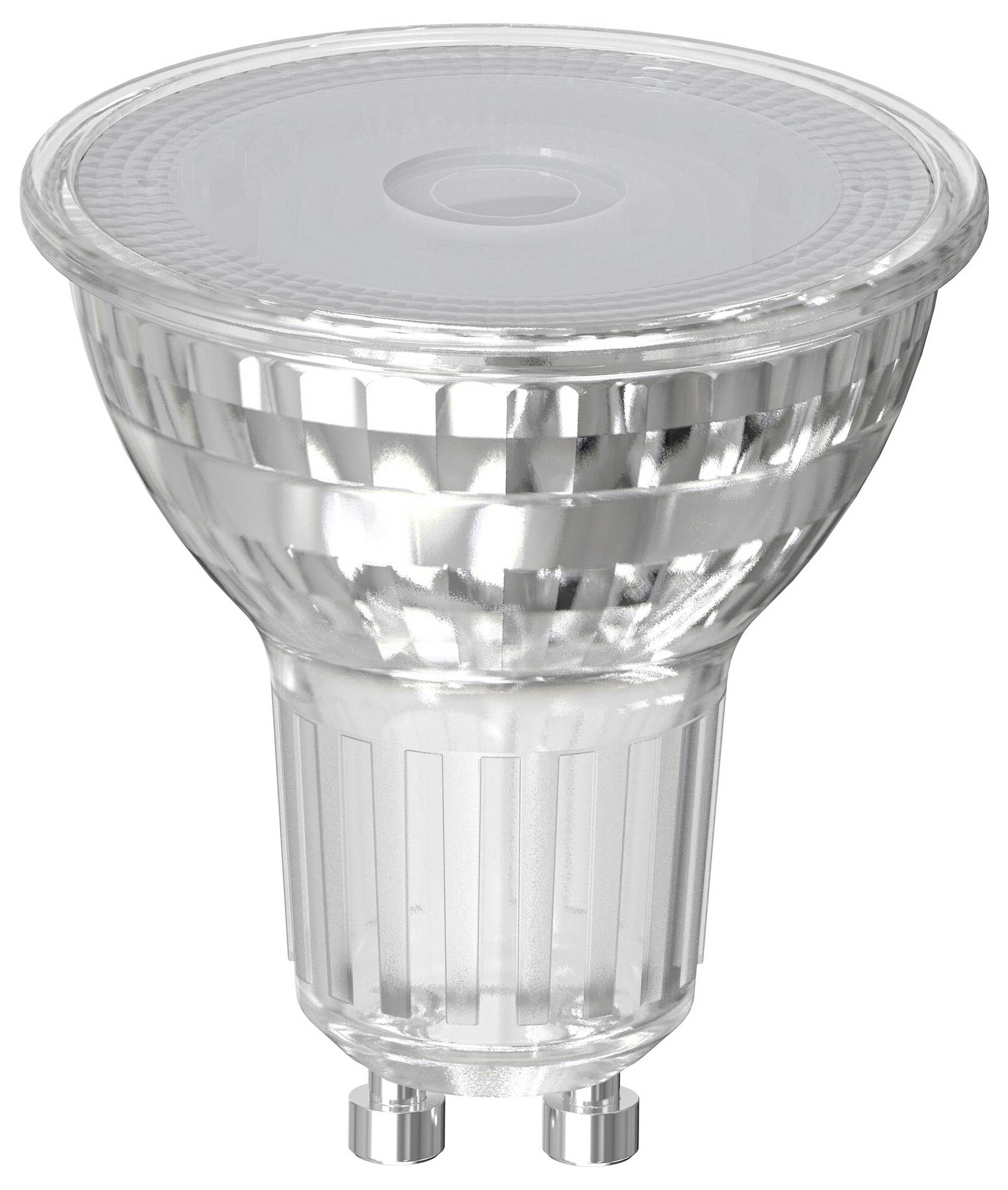 LED-Spotlicht mit GU10-Fassung, silbernes Gehäuse, klare Linse, für energieeffiziente Beleuchtung.