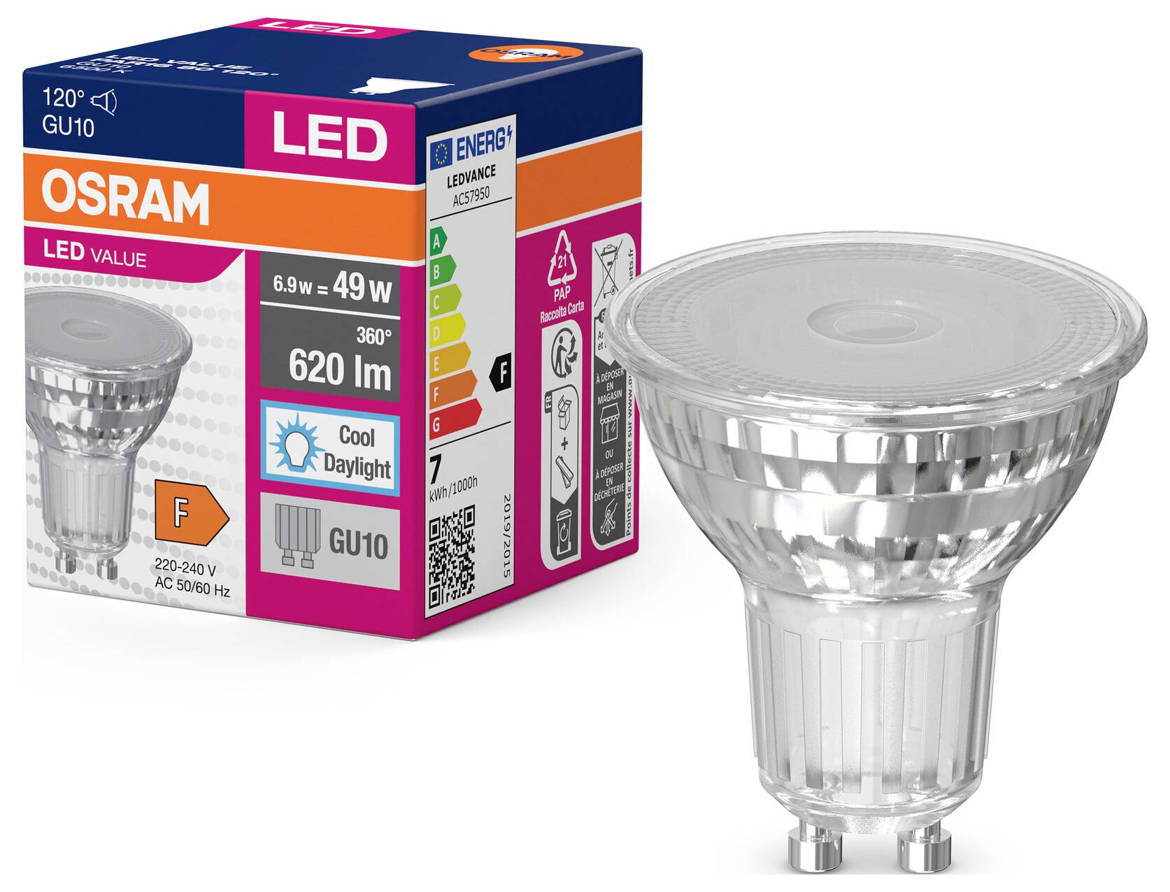 LED-Glühbirne von Osram, Modell GU10, Energieklasse F, 620 Lumen, 6,9 W, Lichtfarbe 'Cool Daylight', incl. Verpackung.