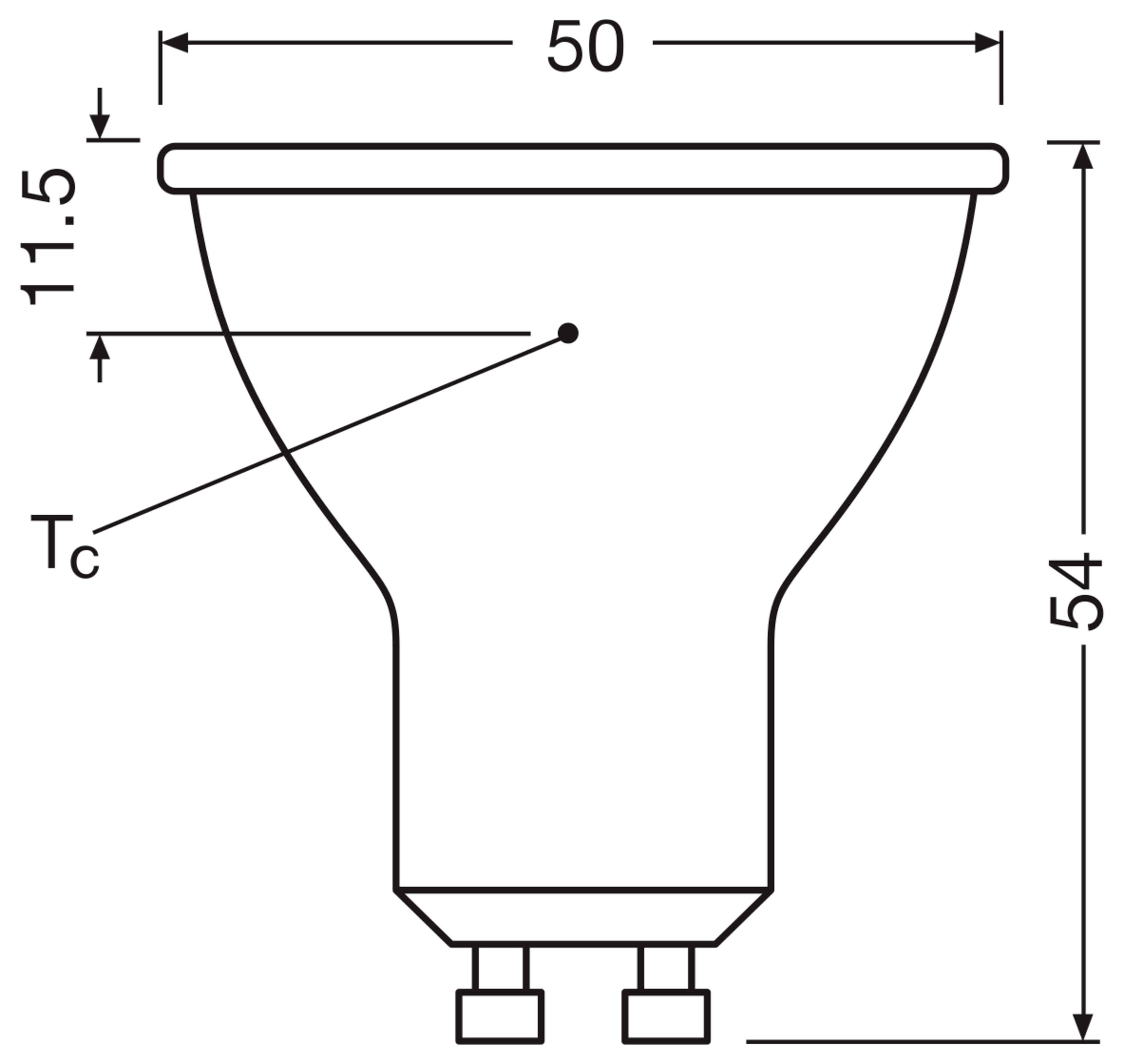 'Technische Zeichnung einer GU10 LED-Lampe mit Abmessungen: Gesamtlänge 54 mm, Durchmesser 50 mm, Tc-Punkt bei 11,5 mm unter der Oberkante.'