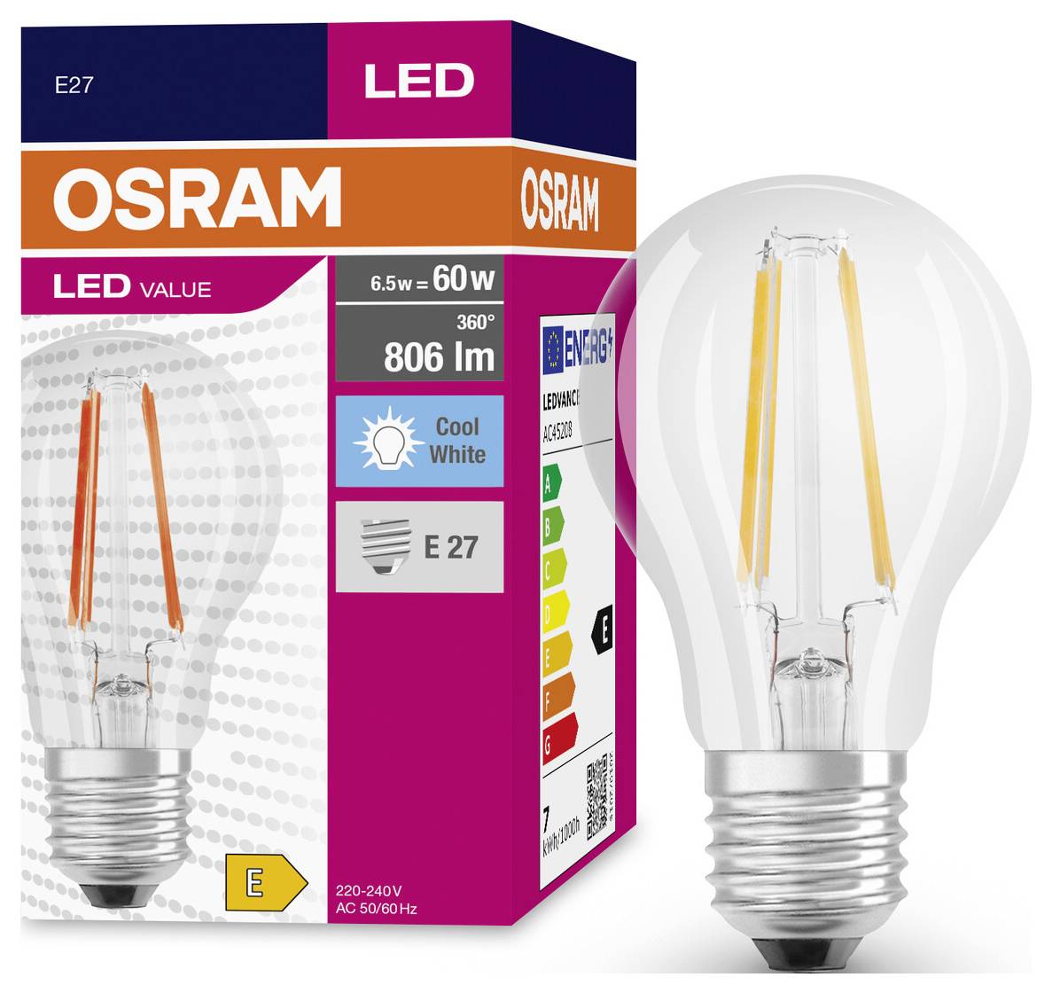 Glühlampe in Verpackung. Marke: Osram. LED, 6,5W = 60W, Lichtstärke: 806 lm, E27, kaltweiß. Energieeffizienzklasse: E.
