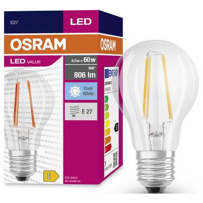 Glühlampe in Verpackung. Marke: Osram. LED, 6,5W = 60W, Lichtstärke: 806 lm, E27, kaltweiß. Energieeffizienzklasse: E.