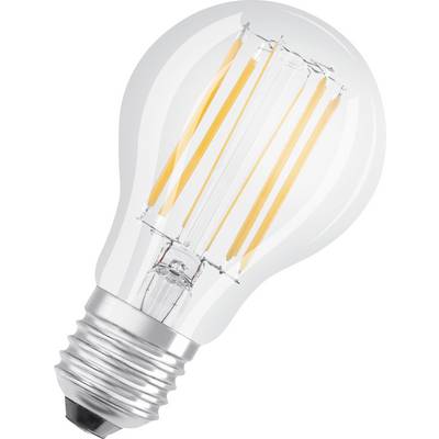Eine LED-Glühbirne mit sichtbaren Glühdrähten auf weißem Hintergrund.