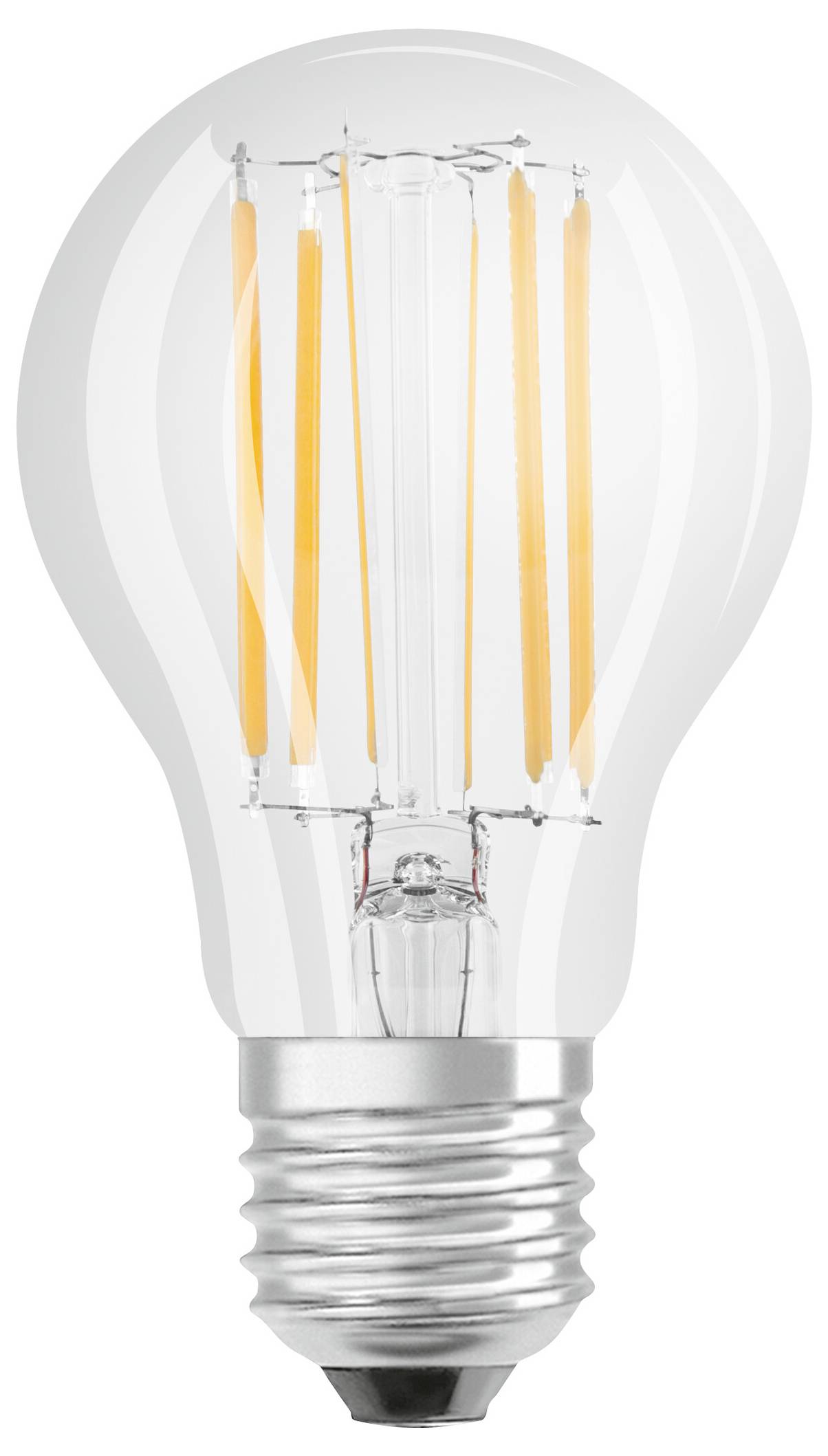 Eine klare Glühbirne mit sichtbarem Filament und Schraubsockel, die moderne und traditionelle Elemente kombiniert.