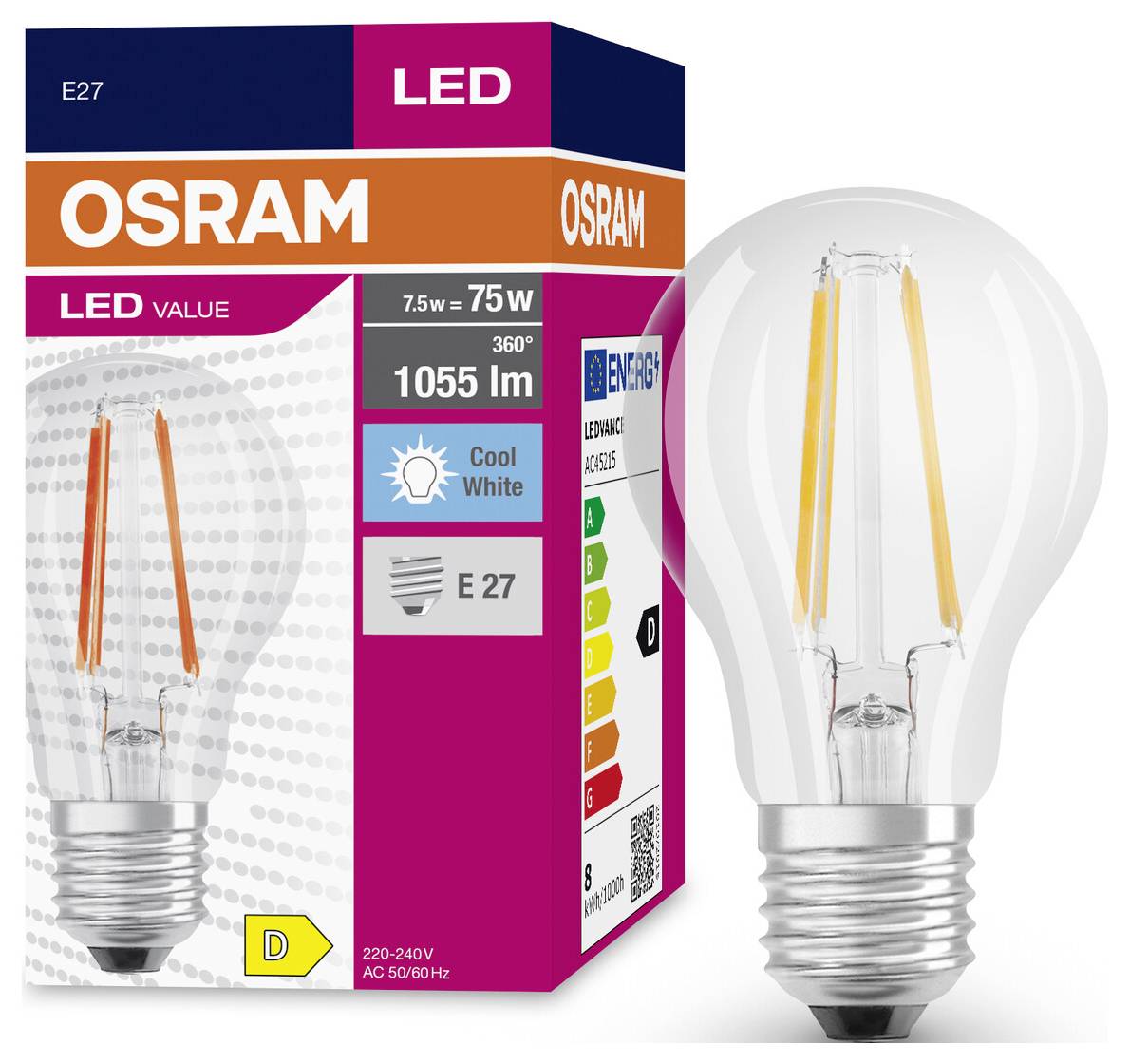 'LED-Lampe OSRAM E27, 7.5W, ersetzt 75W, 1055 Lumen, 360° Abstrahlwinkel, Energieeffizienz D, kühles Weiß; Verpackung und Glühbirne abgebildet.'