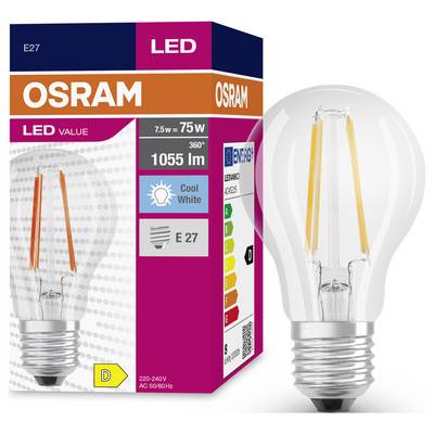 'LED-Lampe OSRAM E27, 7.5W, ersetzt 75W, 1055 Lumen, 360° Abstrahlwinkel, Energieeffizienz D, kühles Weiß; Verpackung und Glühbirne abgebildet.'