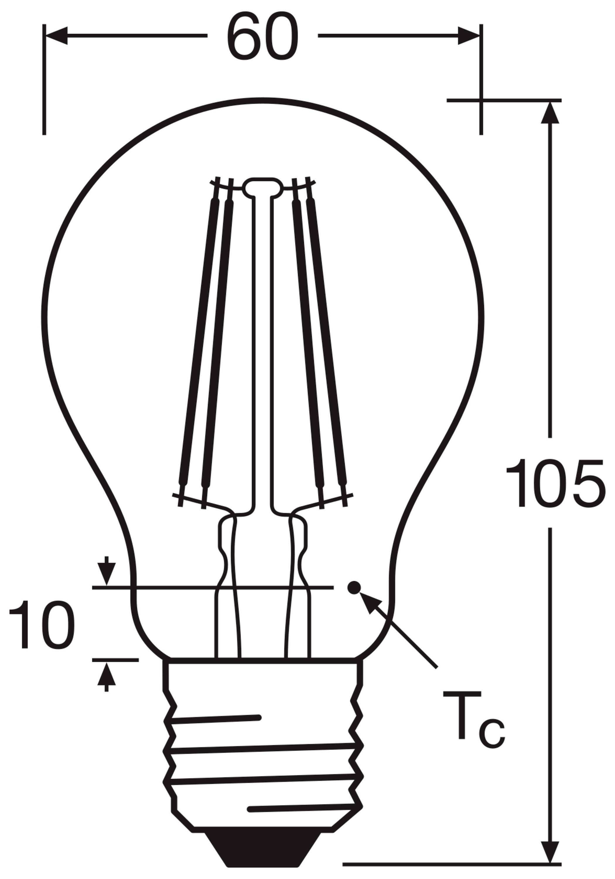 Glühbirnendiagramm: Lampe mit Maßen 60 mm Breite und 105 mm Höhe, zeigt Filamentdetails und Basisgröße 10 mm.