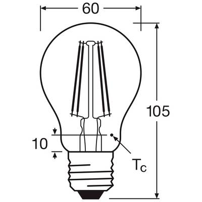 Glühbirnendiagramm: Lampe mit Maßen 60 mm Breite und 105 mm Höhe, zeigt Filamentdetails und Basisgröße 10 mm.
