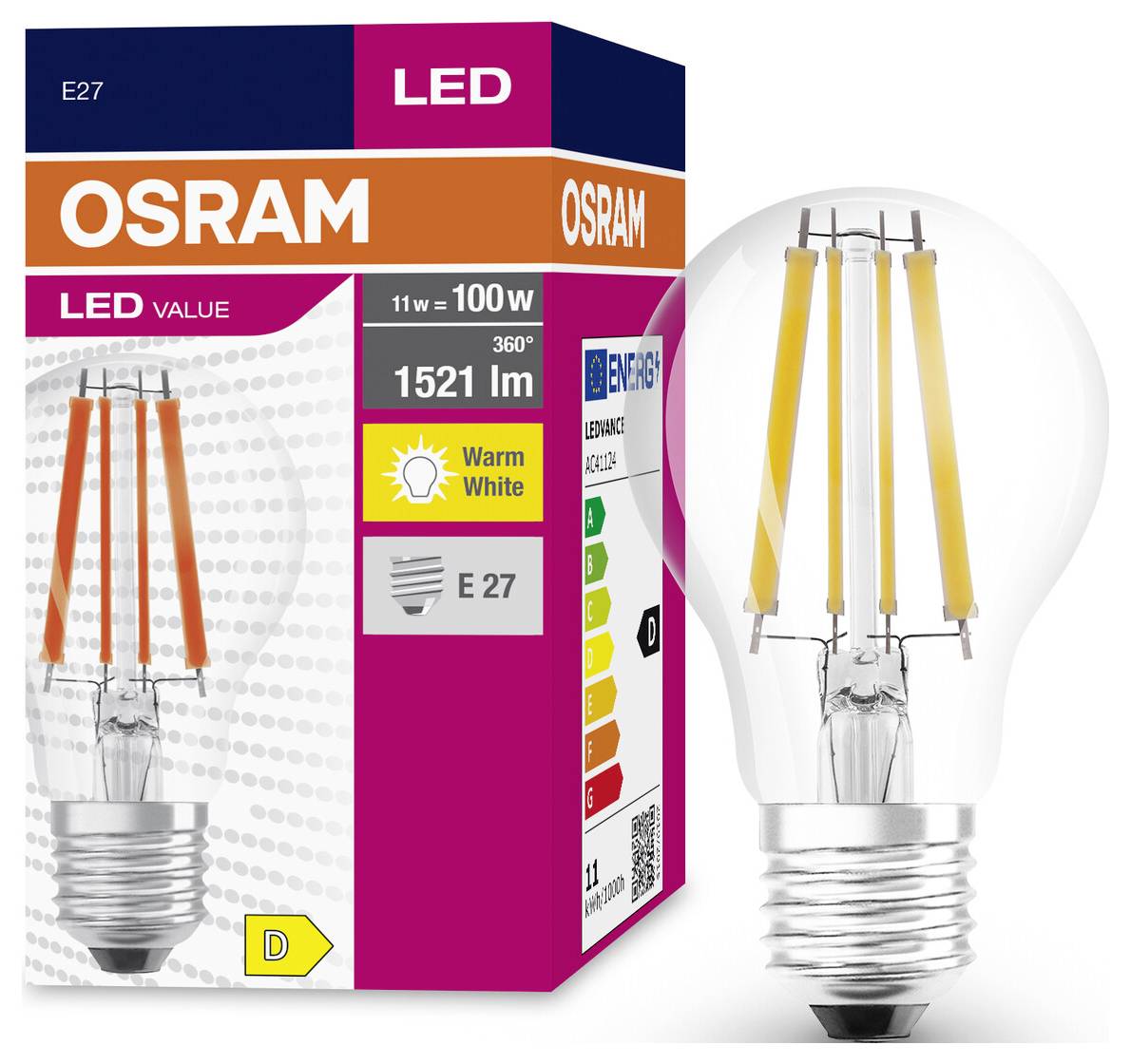Eine Osram LED-Glühbirne, E27-Sockel, 11W, 1521 Lumen, warmweiß. Energieeffizienzklasse D. Verpackung mit Produktinformationen.