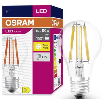 Eine Osram LED-Glühbirne, E27-Sockel, 11W, 1521 Lumen, warmweiß. Energieeffizienzklasse D. Verpackung mit Produktinformationen.