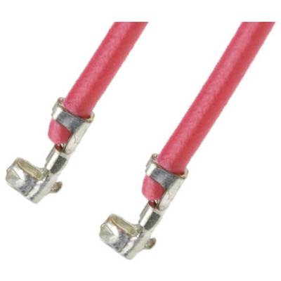 Zwei rote Kabel mit Metallverbindungen an den Enden, möglicherweise Teile eines elektronischen Geräts oder Anschlusses.