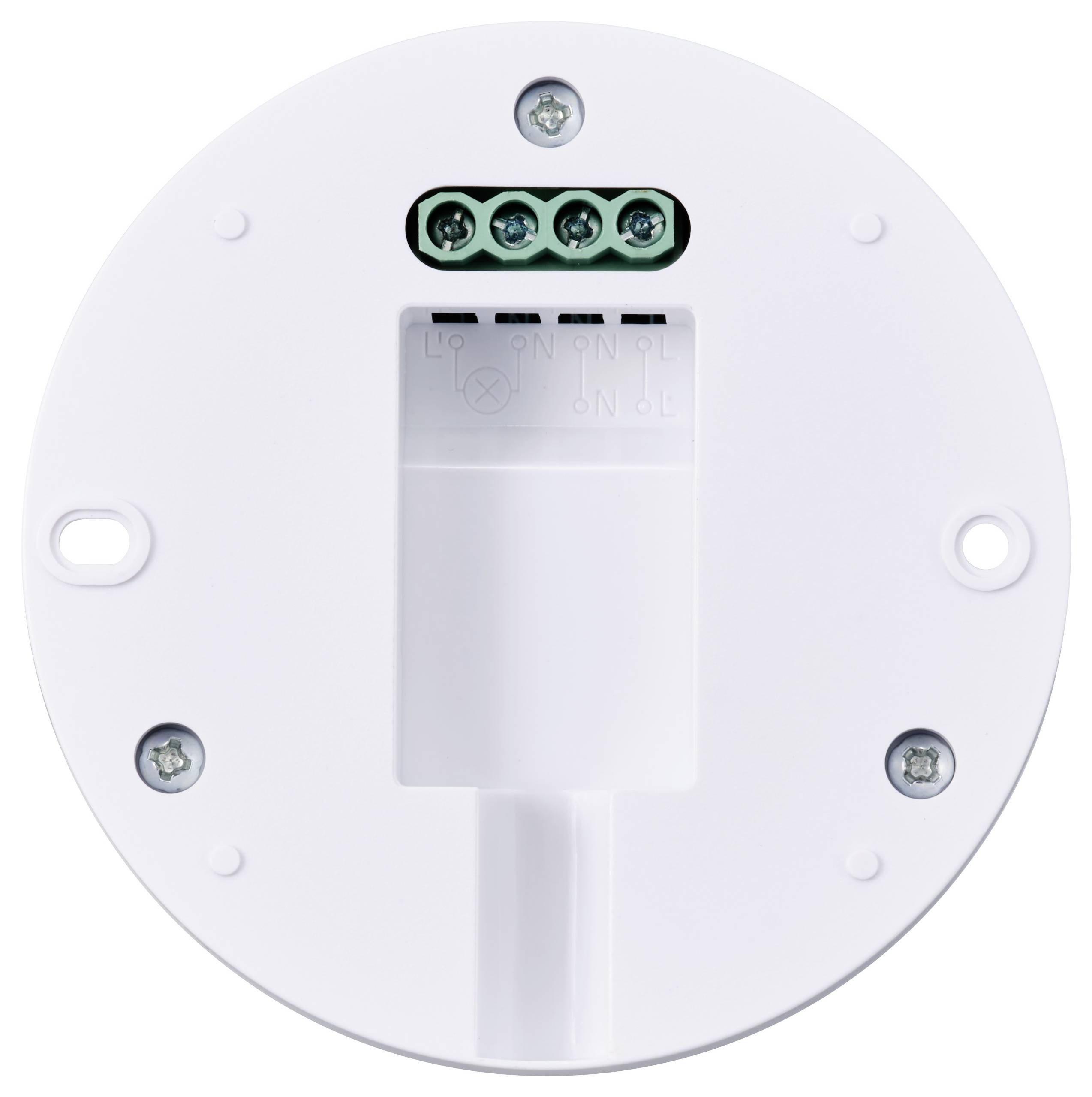 Rückseite eines runden, weißen elektronischen Geräts mit vier Schrauben und fünf grünen Anschlussklemmen in der Mitte oben.