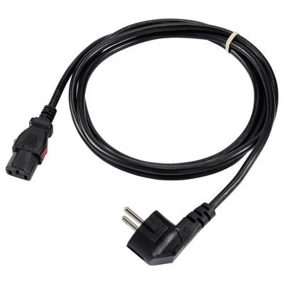 Ein schwarzes Netzkabel mit einem zweipoligen Stecker und einem IEC-320-C13-Anschluss. Geeignet für die Verbindung von Elektrogeräten.