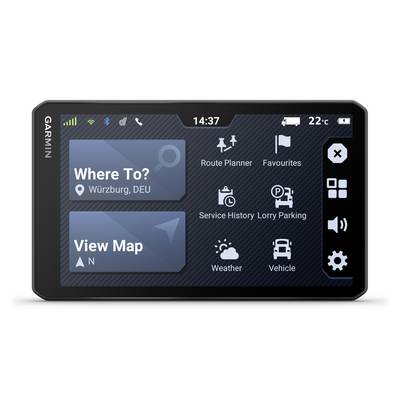 Navigationsgerät-Display mit Optionen: 'Where To?', 'View Map', 'Route Planner', 'Favourites', Wetter, Fahrzeugstatus und mehr.