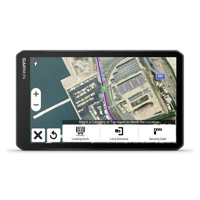 'Navigationsgerät mit Satellitenansicht eines Hafenbereichs, Schaltflächen für Ladebereich, Lkw-Einfahrt und Sicherheitstor'