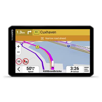 Navigationsgerät zeigt eine Route zur B3 Richtung Cuxhaven über die Köhlbrandbrücke, warnt vor einer schmalen Straße. Geschwindigkeit: 50 km/h. Ankunft: 3:26 Uhr.