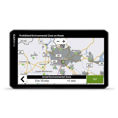 Garmin-Navigationsgerät zeigt eine Karte mit Umweltzonen um Mailand. Routenwegführung mit Anzeige zur Vermeidung von Umweltzonen.