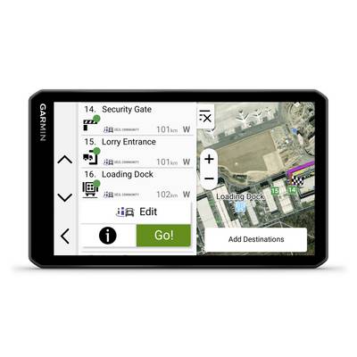 GPS-Navigationsgerät mit Karte eines Industriegebiets. Ziele: 'Security Gate', 'Lorry Entrance', 'Loading Dock'. Taste 'Go!' aktiviert.