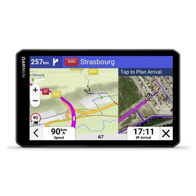 Navigationsgerät-Anzeige, Route nach Straßburg. Entfernung 257 km, Geschwindigkeit 90 km/h, Ankunftszeit 17:11. Routenkarte sichtbar.