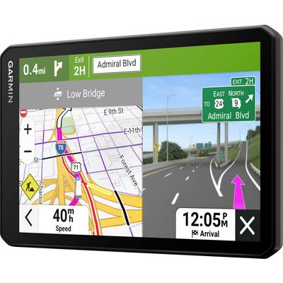 Rechtsabbiegeschild zu 'Admiral Blvd' auf GPS-Bildschirm. Links Karte mit Route, 0,4 Meilen bis Ausfahrt. Geschwindigkeit 40 mph. Ankunft 12:05 Uhr.