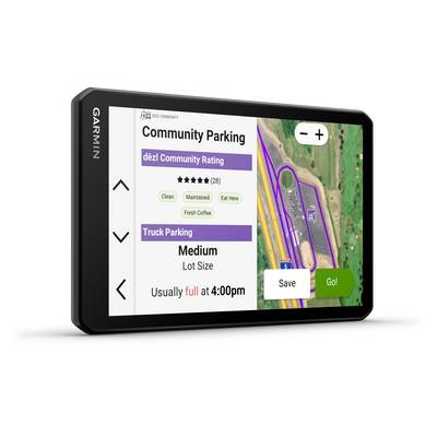 Garmin-Navigationsgerät zeigt 'Community Parking', bewertet als 'mittelgroß', häufig um 16:00 Uhr voll. Karte und 'Los'-Button sichtbar.