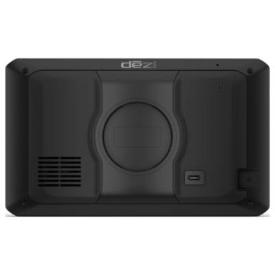 Rückansicht eines GPS-Geräts mit zentralem Halterungsanschluss, Lüftungsschlitzen links, USB-Anschluss unten und Power-Button oben rechts.
